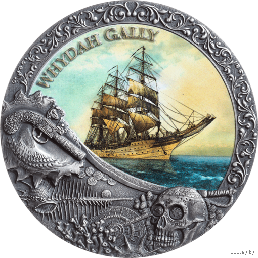 RARE Ниуэ 5 долларов 2019г. "Великие кораблекрушения в истории: Корабль Уайда Галли". Монета в капсуле; деревянном подарочном футляре; сертификат; коробка. СЕРЕБРО 62,20гр.(2 oz).