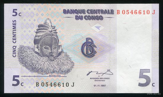 Конго 5 Сантимов 1997. P81. Серия J. UNC