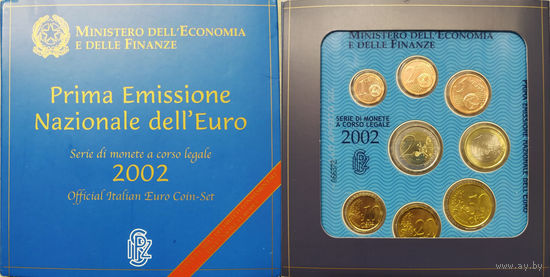 Италия 2002 год. 1, 2, 5, 10, 20, 50 евроцентов, 1 и 2 Евро. Официальный набор монет Евро в буклете