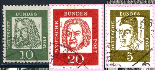 3 марки ФРГ  1961 год стандарт. известные люди Германии БАХ