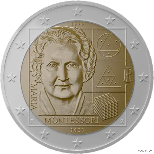 2 Евро Италии 2020 150 лет со дня рождения Марии Монтессори  UNC из ролла