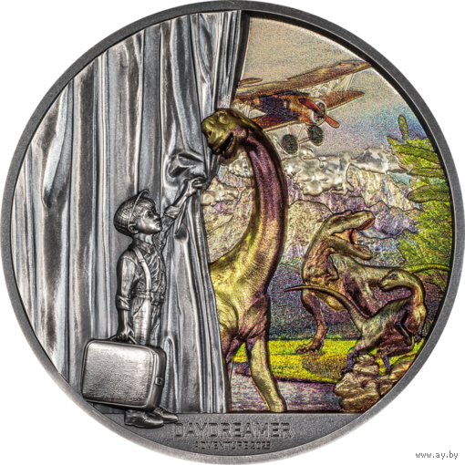 Палау 10 долларов 2023г. "Мечтатель – Приключение. Динозавры". Монета в капсуле; подарочной рамке - футляре; сертификат; коробка. СЕРЕБРО 62,20гр.(2 oz).