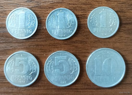 1, 5, 10 пфеннигов ГДР (6 монет)