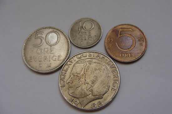Швеция. набор 4 монеты 5, 10, 50 эре - 1 крона 1965 - 1982 год