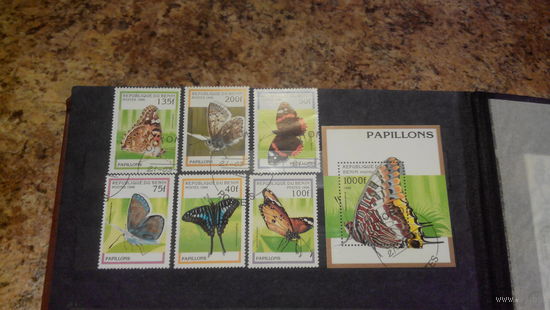 Бабочки, фауна, насекомые, марки и блок, Бенин, 1996