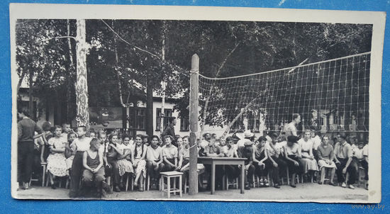 Болельщики перед игрой в волейбол. Фото в пионерском лагере. 1950-е. 8х15 см.