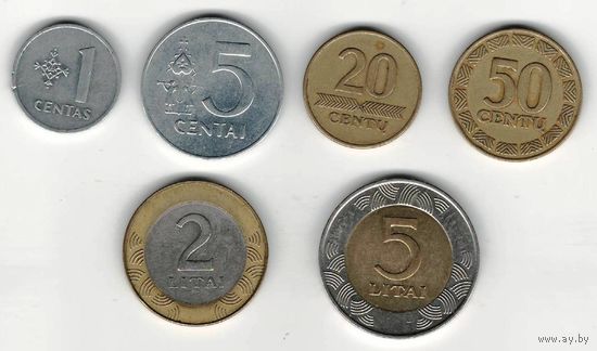 W: Литва набор 1 цент 1991, 5 центов 1991,20 центов 1998, 50 центов 1998, 2 лита 2008, 5 лит 2009 (433)