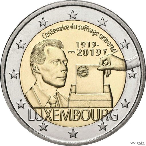 2 евро 2019 Люксембург 100-летие всеобщего права голоса UNC из ролла