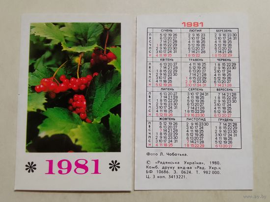 Карманный календарик. Рябина. 1981 год