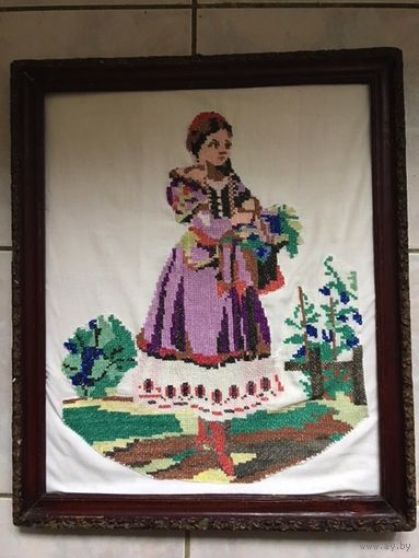 Картина вышивка СССР 51 х 62 см размер по наружному краю рамы Рама старинная древняя