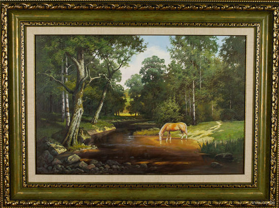 Картина маслом "Лошадь у реки" в багетной раме. 40*60см