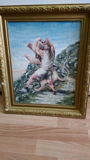 Картина Самсон борется со львом, в багетной раме. Холст масло