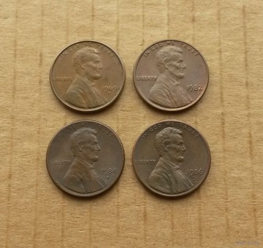 США, 1 цент 1969 D, 1982, 1984 D, 1986 D, цена за 1 шт. на выбор