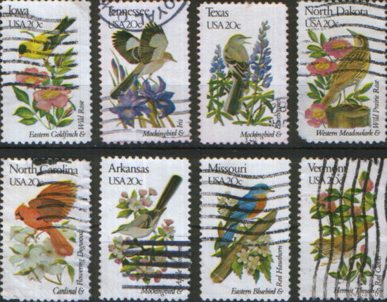 8 марок из серии 1982г. США "Символы штатов. Птицы и цветы"