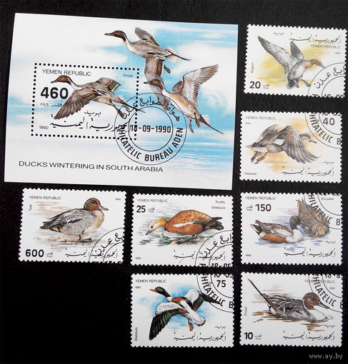 Йемен 1990  г. Утки. Птицы. Фауна, полная серия из 7 марок + Блок #0211-Ф1P48