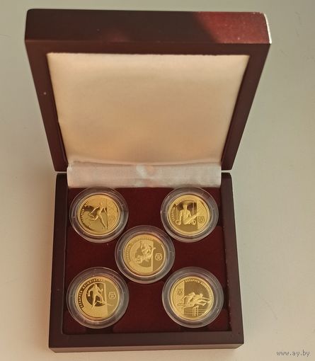 Беларусь олимпийская, 50 рублей, 1996-1998, подарочный набор из 5 золотых монет в деревянном футляре