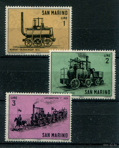 Сан-Марино - 1964г. - локомотивы - 3 марки - MNH, 1 марка с лёгким пожелтением клея. Без МЦ!