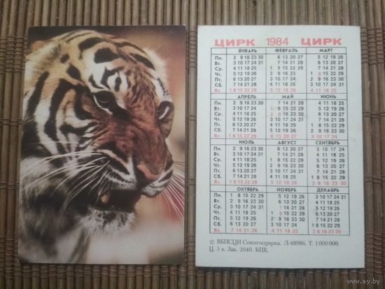 Карманный календарик.1984 год. Цирк. Тигр