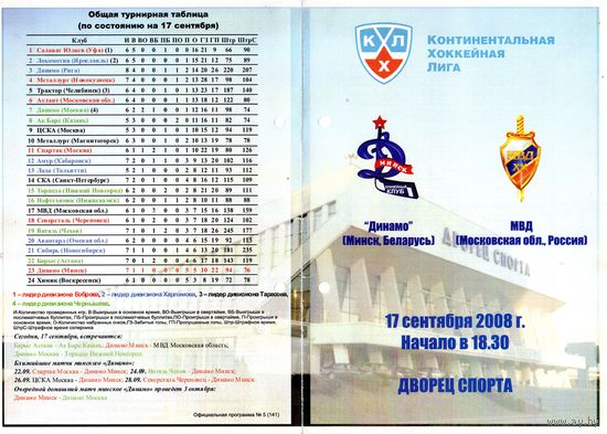 Хоккей.Программа. КХЛ. Динамо (Минск) - ХК МВД (Московская область). 2008.
