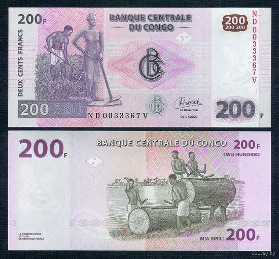 Конго 200 франков 2022 год. UNC