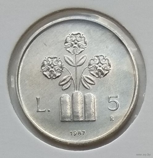 Сан-Марино 5 лир 1987 г. 15 лет возобновлению чеканке монет. В холдере