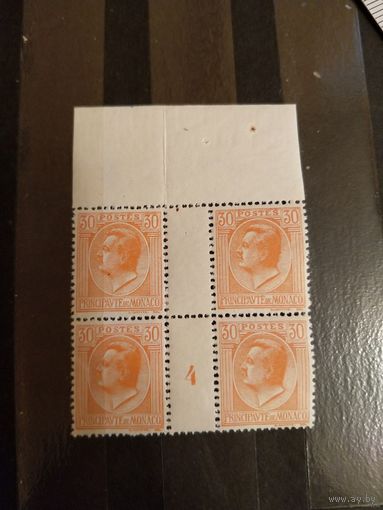 1924 Монако квартблок с дорожками и номером платы чистый клей MNH** князь (б-)