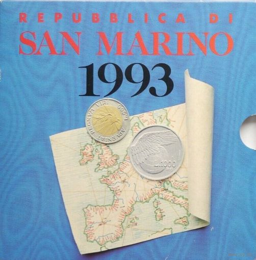 Сан-Марино 1993 год. 1, 2, 5, 10, 20, 50, 100, 200, 500 и 1000 Лир. Нечастый официальный набор монет в буклете с серебром. Тираж 35.000 шт.