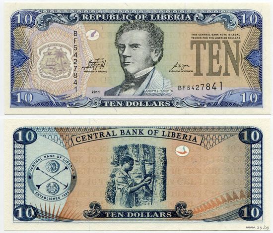 Либерия. 10 долларов (образца 2011 года, P27f, UNC)