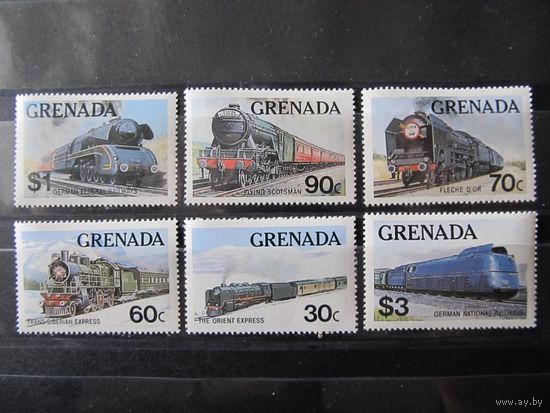 Марки - Гренада, железная дорога, поезда, паровозы, техника, транспорт