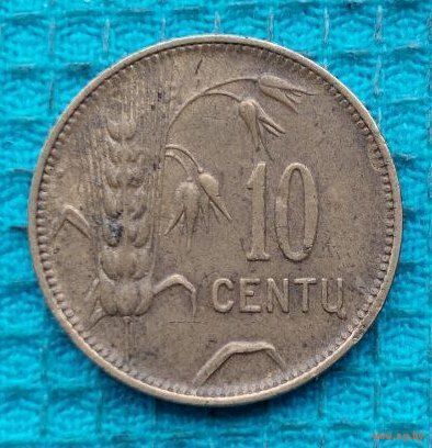 Литва 10 центов 1925 года, AU. Погоня. Колос.