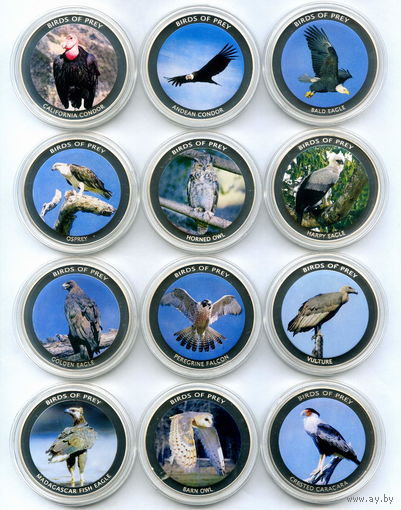 Комплект из двенадцати монет номиналом 10 квач. Малави, 2010 год. Серия: хищные птицы.