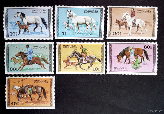 Монголия 1977 г. Лошади. Фауна, полная серия из 7 марок. Чистые #0085-Ч1P11