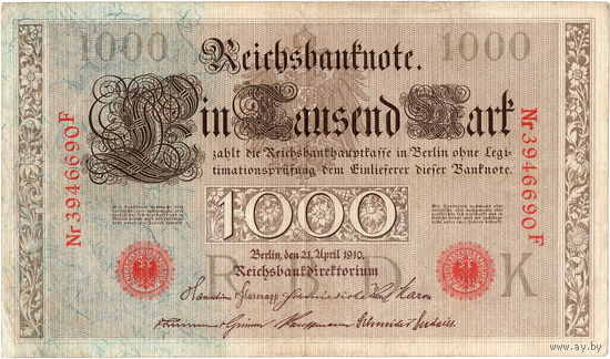 Германия, 1000 марок (печать красная), 1910 г.