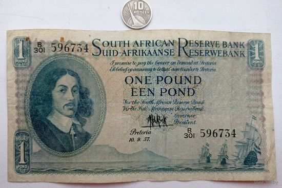 Werty71 ЮАР Южная Африка 1 фунт 1957 банкнота Корабль Лев Редкая не ранд рэнд