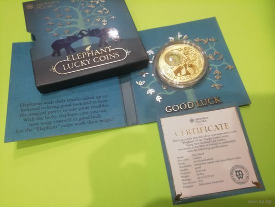 Серебряная монета "Слоники" 2013 г. покрыта золотом 999 пробы