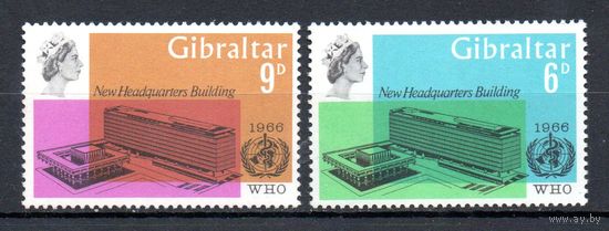 Открытие новой штаб-квартиры ВОЗ в Женеве Гибралтар 1966 год серия из 2-х марок