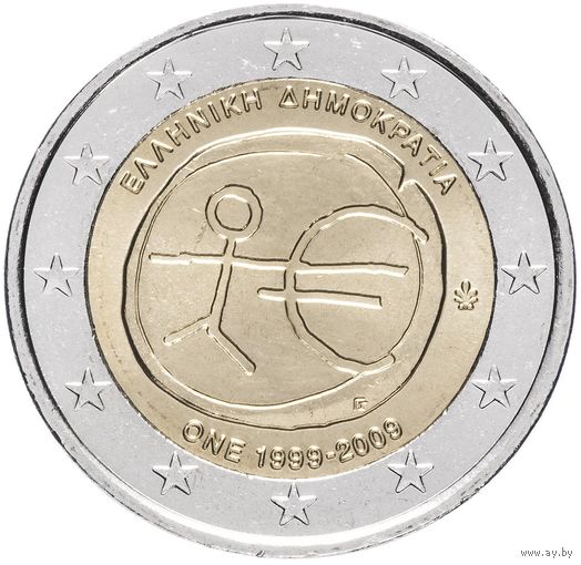 2 евро 2009 Греция 10 лет Экономическому и Валютному союзу UNC из ролла