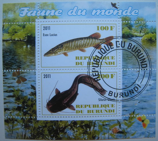 Марки Бурунди 2011 г. Фауна мира: рыбы, летучие мыши, киви, олени, ехидны. Цена за блок (g)