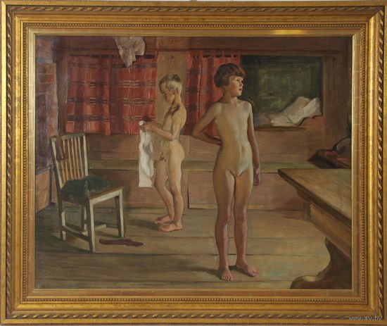 Большая сюжетная картина "Утро. Дети". Холст, масло. Швеция, 1926 год.