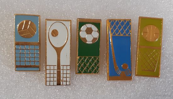 Значки Спорт (волейол, теннис, футбол, хоккей, баскетбол), набор 5 штук. СССР