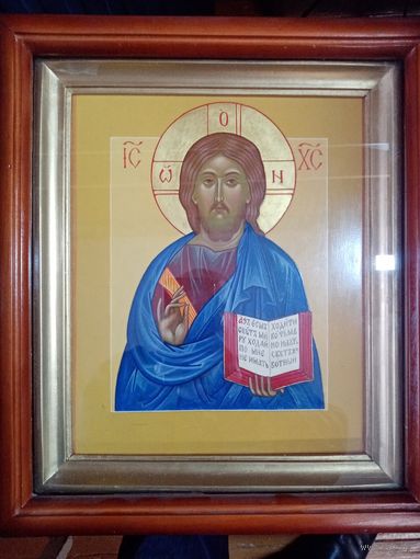 Рукописная икона "Господь Иисус Христос вседержитель", с киотом 36х31х7см.   яичная темпера, левкас.