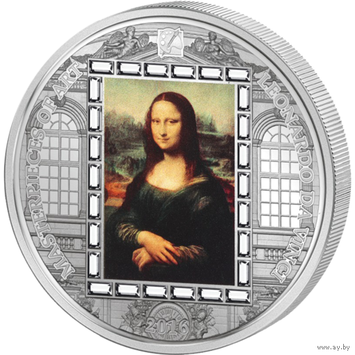 RARE Острова Кука 20 долларов 2016г. Шедевры искусства: "Леонардо да Винчи - Мона Лиза". Монета в капсуле; подарочном футляре; рамка; сертификат; коробка. СЕРЕБРО 93,30гр.(3 oz).