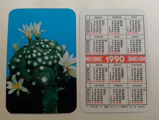 Карманный календарик. Кактус. 1990 год