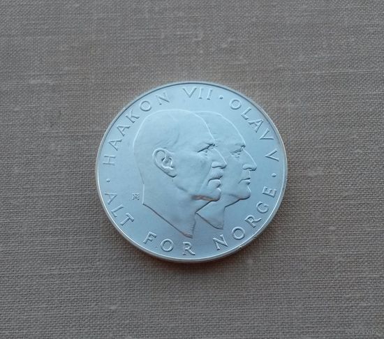 Норвегия, 25 крон 1970 г., серебро 0.875, 25 лет освобождению Норвегии, Хокон VII и Улаф V
