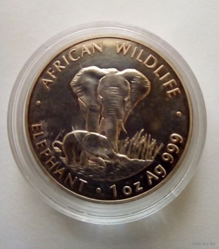Замбия,5000 квач,серия Дикая природа.Слон 1999г,серебро 999,1 унция.Цена снижена.