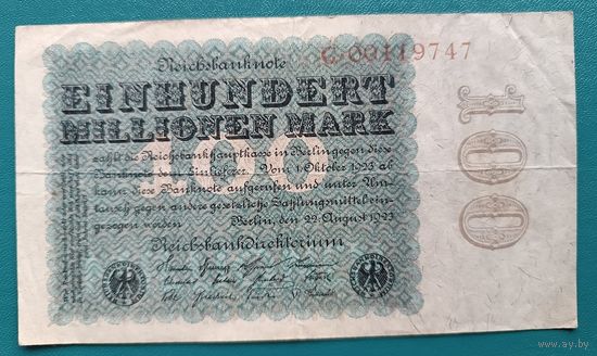 100000000  марок 1923  REICHSBANKNOTE  Веймарская республика  Берлин EINHUNDERT MILLIONEN MARK