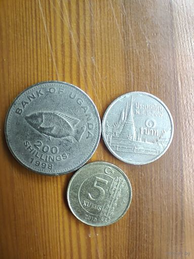 Уганда 200 шиллингов 1998, Турция 5 курш 2010, Тайланд -66