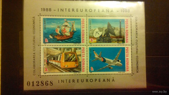 Транспорт, авиация, самолеты, железная дорога, поезда, корабли, парусники, флот, техника, марки, Румыния, 1988, блок