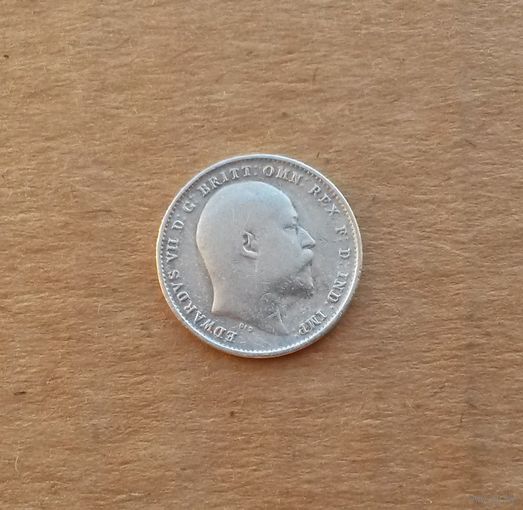 Великобритания, 3 пенса 1908 г., серебро 0.925, Эдуард VII (1901-1910)