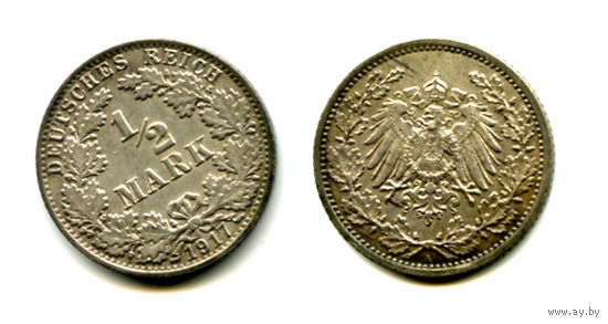 Германия 1/2  марки 1917 серебро состояние